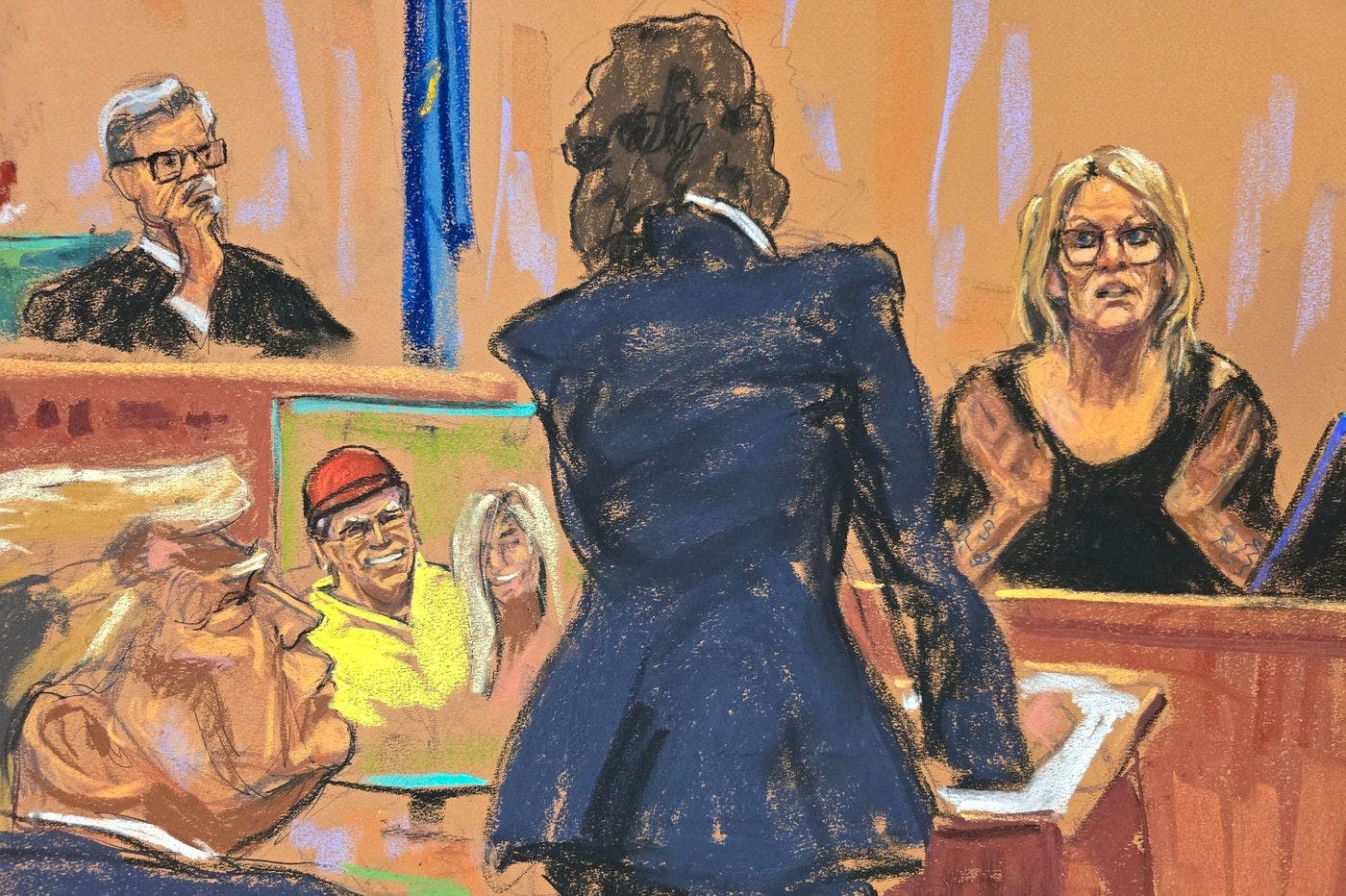 A courtroom sketch of Stormy Daniels' testimony