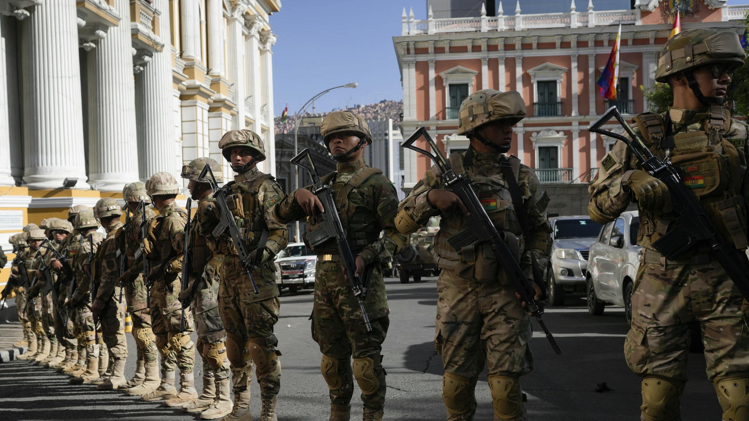 Soldiers line up in front of the presidential palace in Bolivia