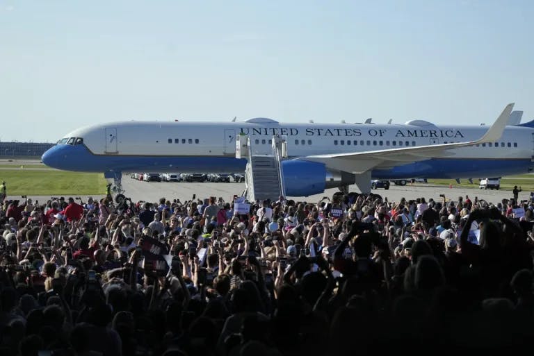 Air Force Two arrives in Romulus, MI